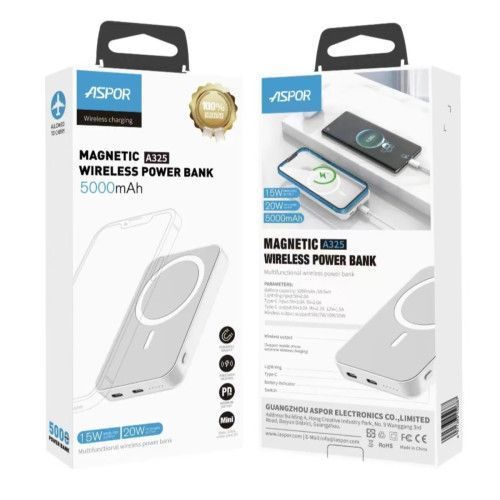 Power Bank Aspor A325 MagSafe Battery Pack 5000mAh (Type-C/Lightning/20W)- білий(900142) 900142 фото